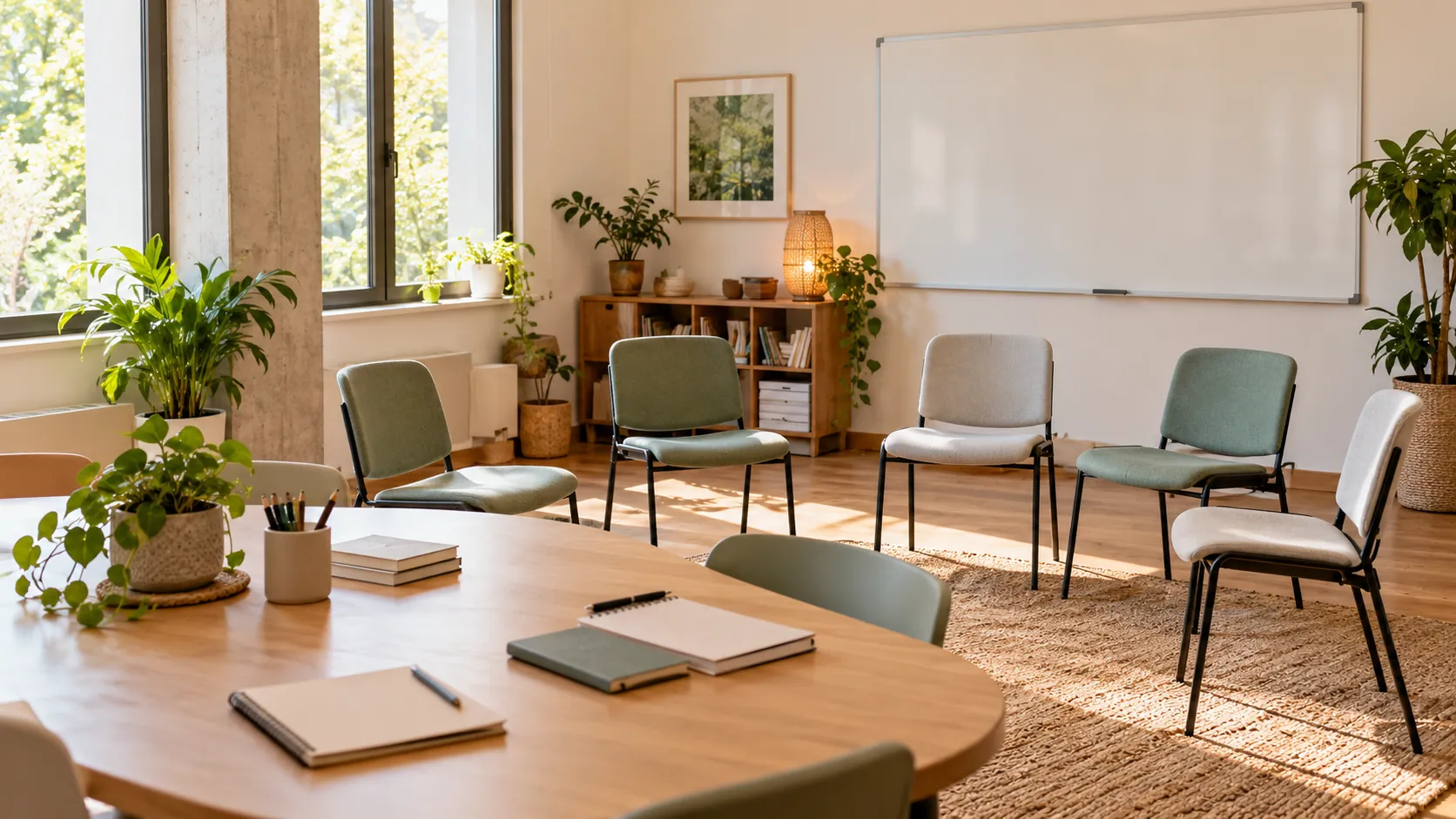 Aula luminosa con mesa de trabajo, sillas tapizadas y plantas a la luz de la tarde